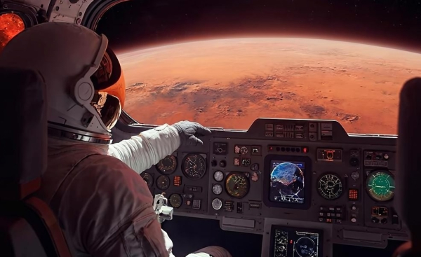 Космонавт управляет шаттлом, вид на Марс из кабины космического корабля.