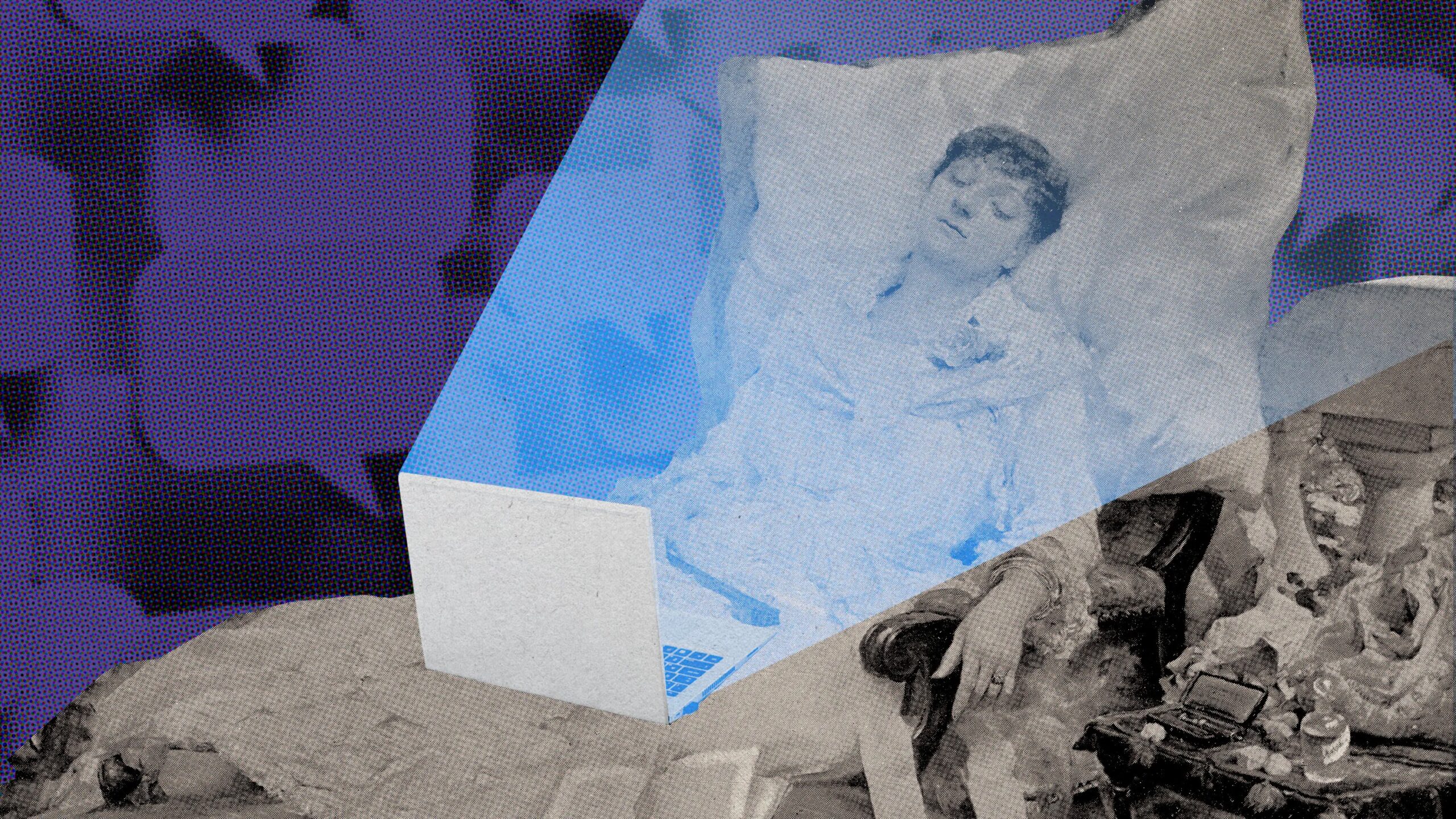 Коллаж: человек в кровати перед ноутбуком, фон с цифровыми элементами, свет из экрана.