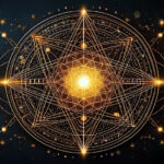 Золотая геометрическая иллюстрация со звездами и линиями на темном фоне.