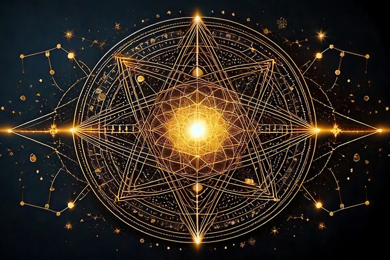 Золотая геометрическая иллюстрация со звездами и линиями на темном фоне.