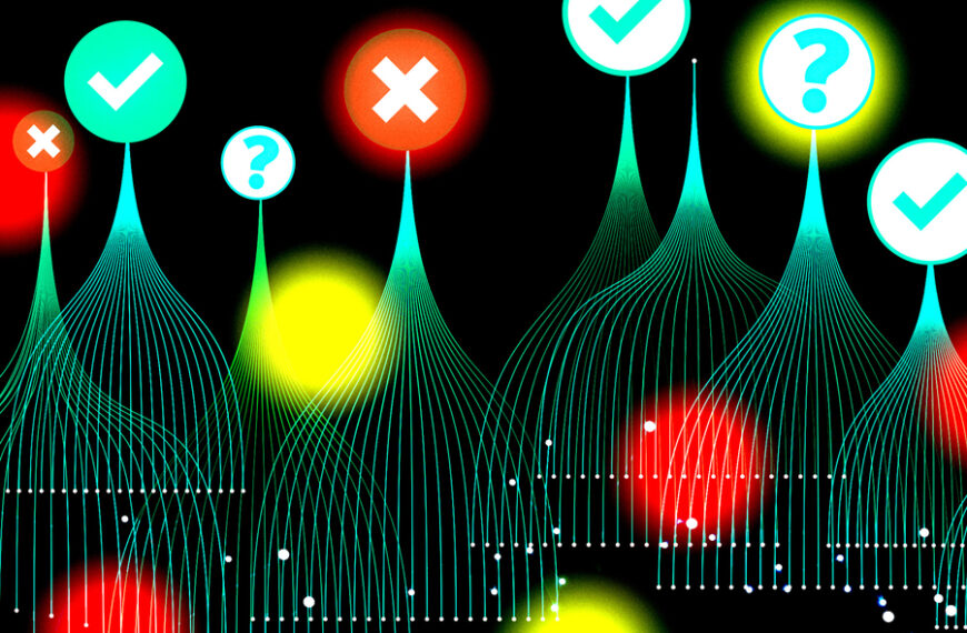 Абстрактная визуализация: знаки вопроса и галочки, потоки данных на черном фоне.