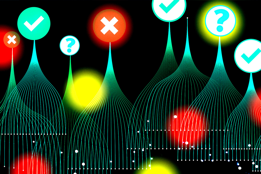 Абстрактная визуализация: знаки вопроса и галочки, потоки данных на черном фоне.