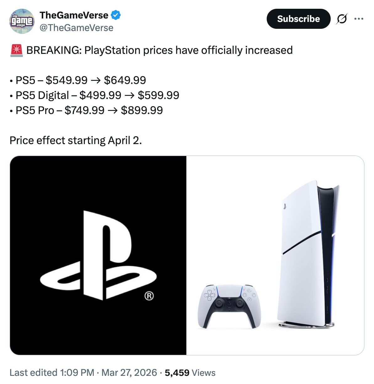 Цены на PlayStation PS5 и PS5 Pro увеличены с 2 апреля.