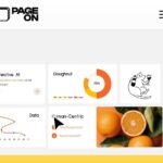 Веб-дизайн с графиками и изображениями: апельсины, диаграммы, кот с бокалом.