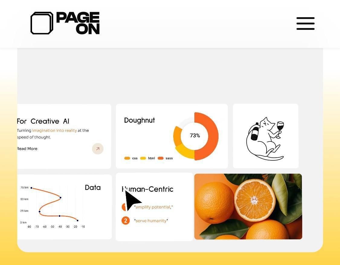 Веб-дизайн с графиками и изображениями: апельсины, диаграммы, кот с бокалом.