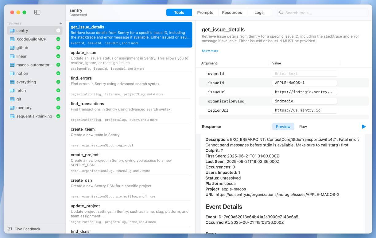 Интерфейс Sentry с описанием ошибок и деталями инцидента для macOS.