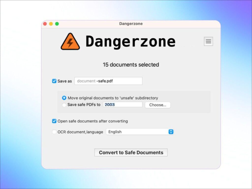 Программное окно Dangerzone, выбор и сохранение безопасных PDF-документов.