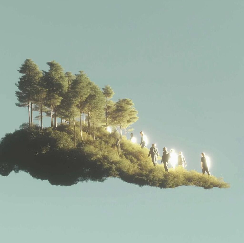 Perplexity AI запустила Secure Intelligence Institute под руководством Ninghui Li.... 1 Парят деревья с людьми, окутанными светом на зеленом холме, на фоне голубого неба.