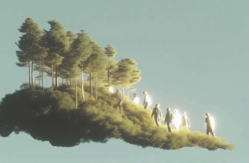 Парят деревья с людьми, окутанными светом на зеленом холме, на фоне голубого неба.