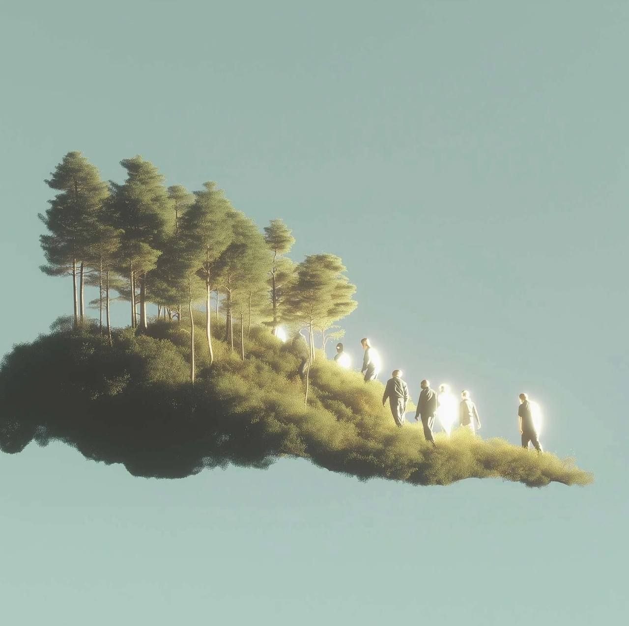 Perplexity AI запустила Secure Intelligence Institute под руководством Ninghui Li.... 2 Парят деревья с людьми, окутанными светом на зеленом холме, на фоне голубого неба.