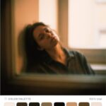 Человек у окна, расслабленная поза. Теплый тон изображения. Пастельная цветовая палитра.