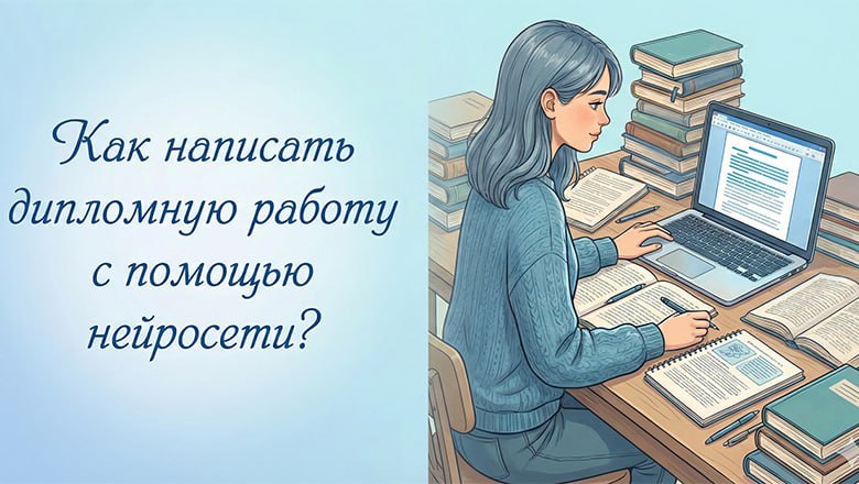 Студент пишет диплом на ноутбуке, используя нейросеть, окружён книгами.