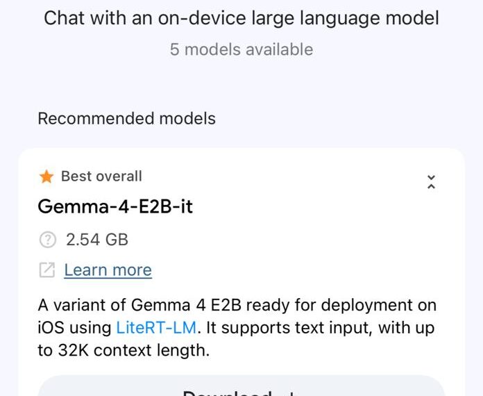 AI Chat: выбор языковой модели Gemma-4-E2B-it для iOS. Размер файла 2.54 GB.