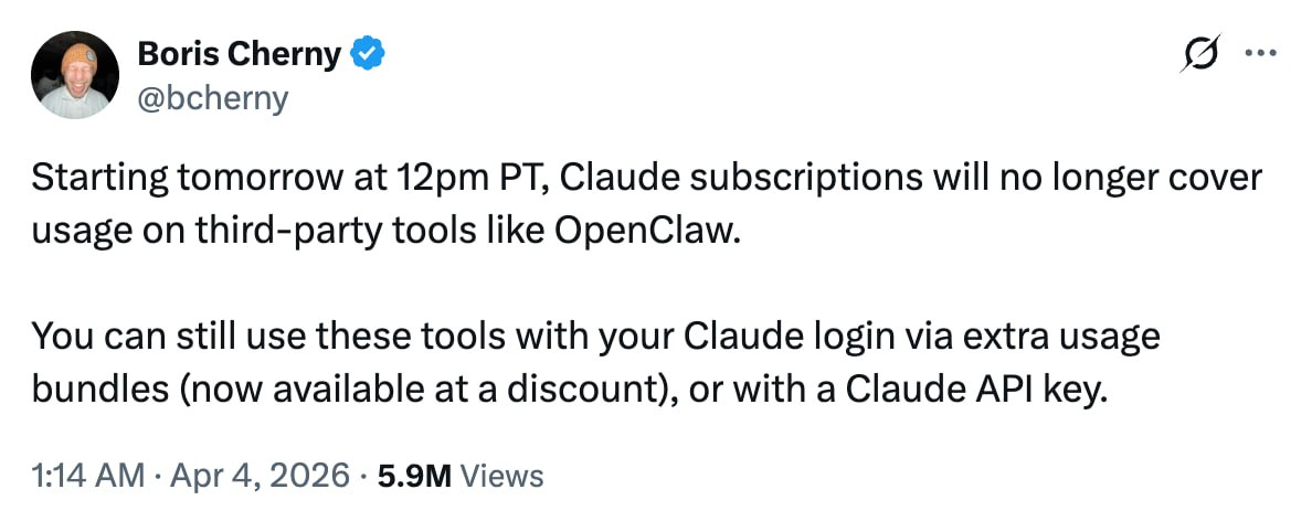 Твит о прекращении поддержки Claude подписок для инструментов вроде OpenClaw.