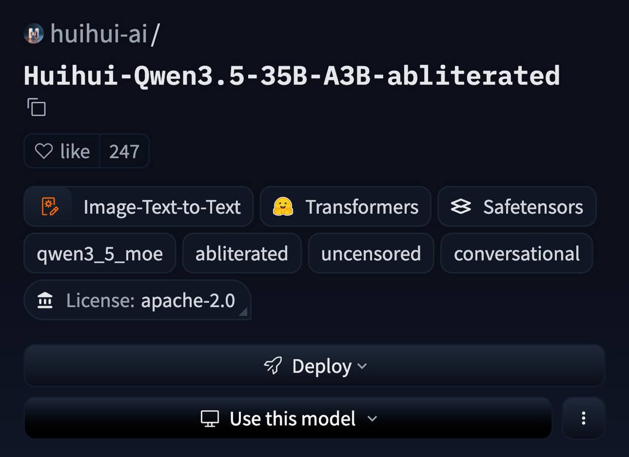 Модель Huihui-Qwen3.5 на GitHub, подробности о лицензии и функциональности.