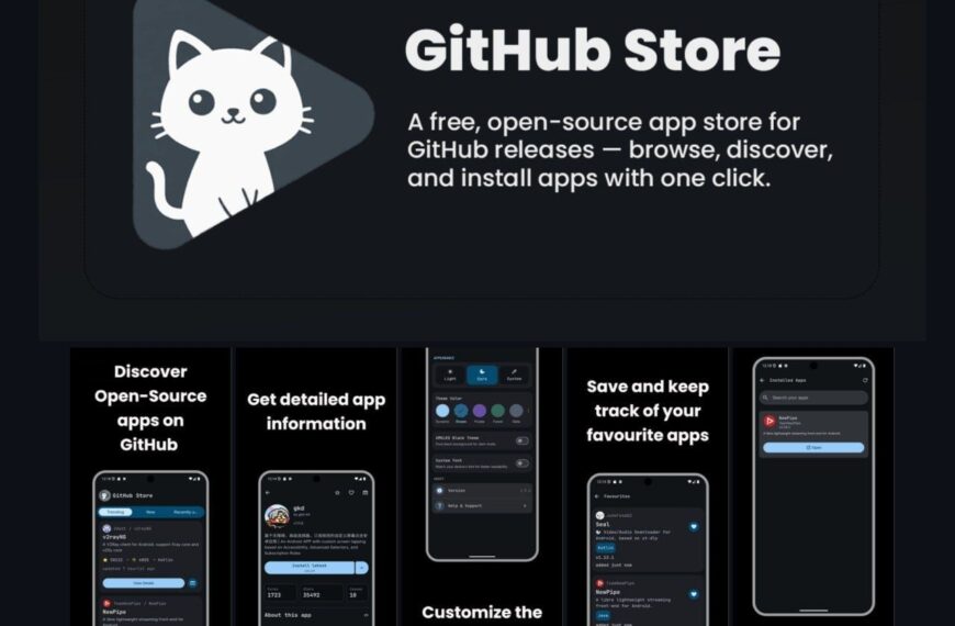 Изображение GitHub Store: витрина приложений с примерами экранов интерфейса и функциями магазина.