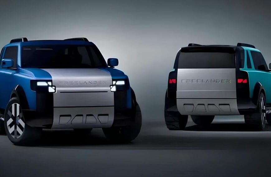 Концепт внедорожника Freelander спереди и сзади, современный дизайн, голубой цвет.