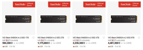 SSD накопители WD Black SN850X в официальном магазине SanDisk, разные объёмы и цены.
