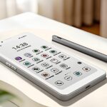 Белый смартфон с иконками приложений на экране, рядом стилус, на светлом фоне.