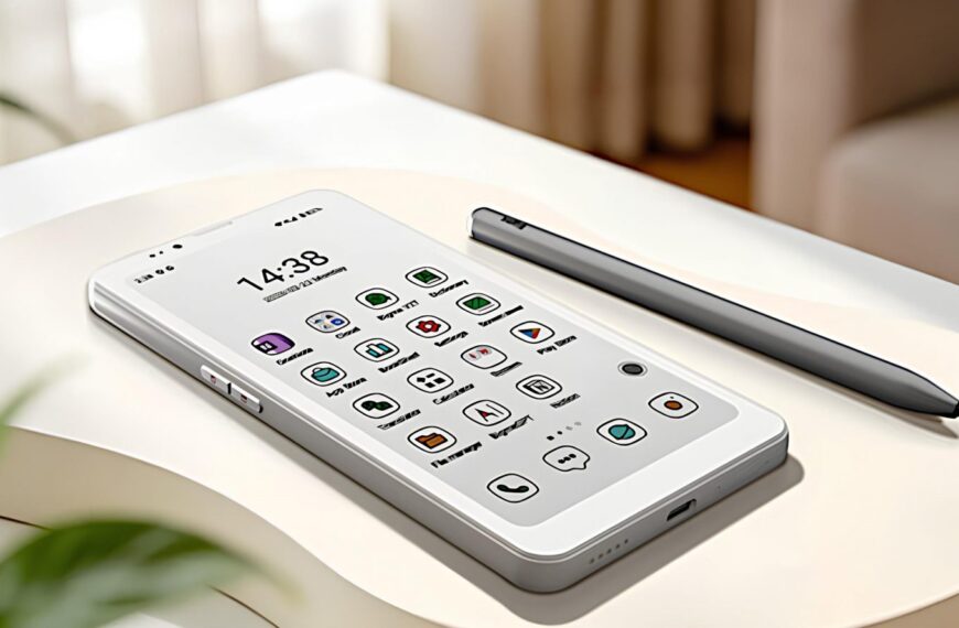 Белый смартфон с иконками приложений на экране, рядом стилус, на светлом фоне.