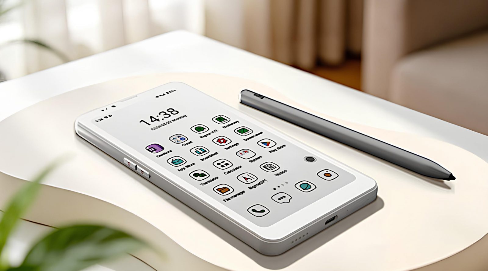 Новый формат: смартфон и электронная книга в одном устройстве 10 Белый смартфон с иконками приложений на экране, рядом стилус, на светлом фоне.