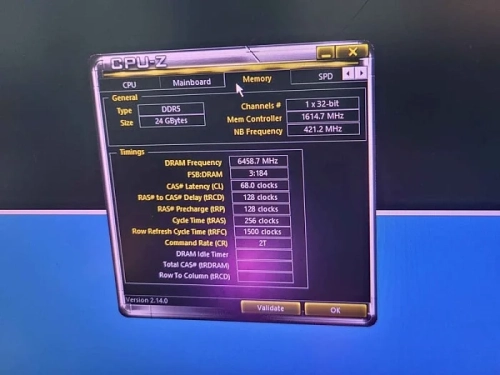 CPU-Z: спецификации DDR5 памяти, 24 ГБ, частота DRAM 6458,7 МГц, тайминги, информация системы.