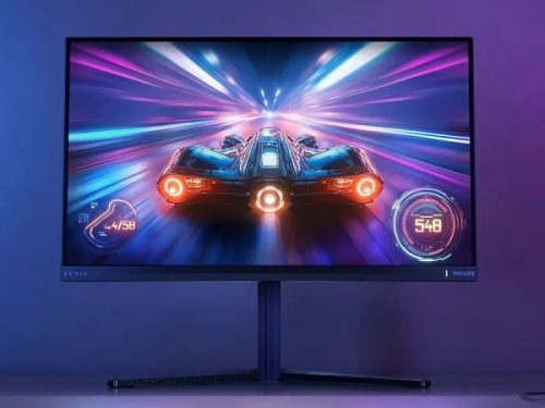 Игровой монитор Philips с ярким изображением космического корабля на экране.