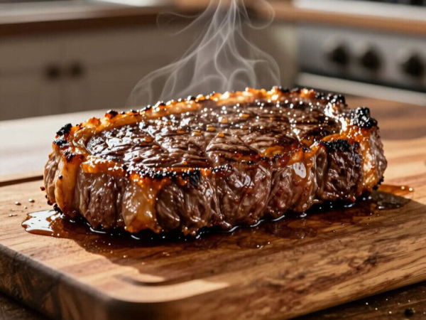 Сочный стейк рибай на деревянной доске, приготовленный на гриле, с дымящейся корочкой.