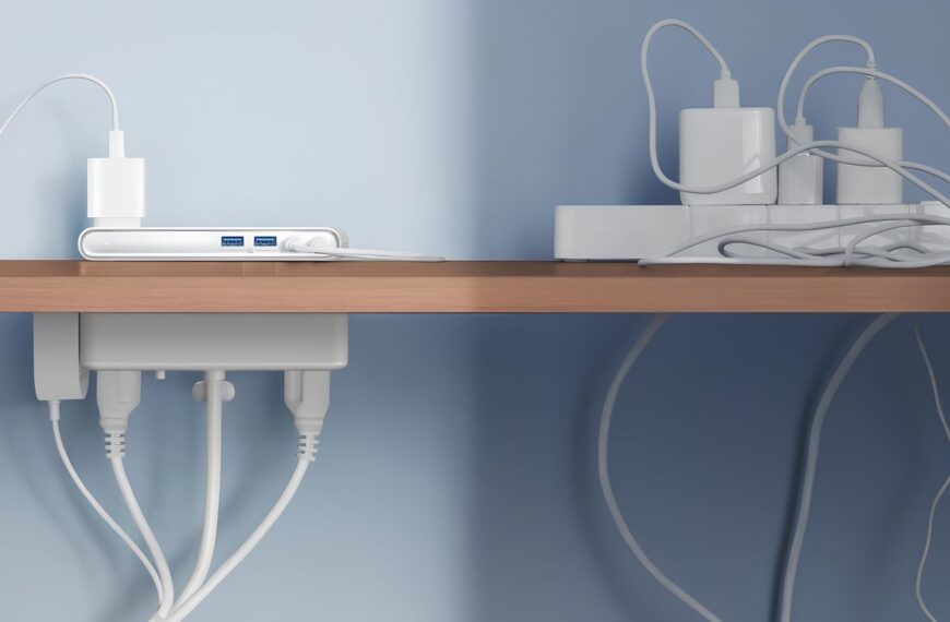 Упорядочение проводов на рабочем столе: зарядные устройства и кабели.