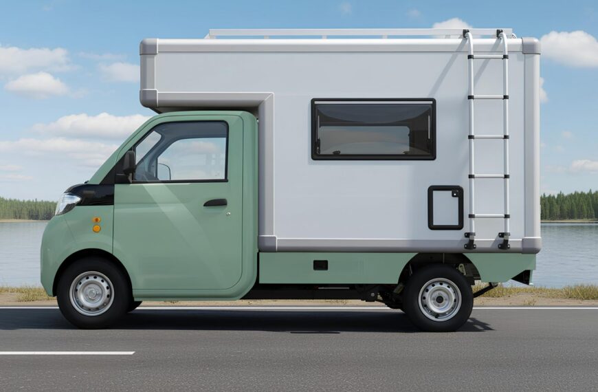 Компактный автодом на шоссе у озера, вид сбоку. Идеально для путешествий и кемпинга.