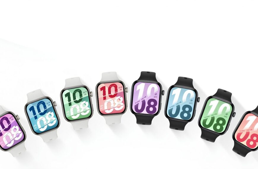 Умные часы с разноцветными циферблатами и ремешками на белом фоне.