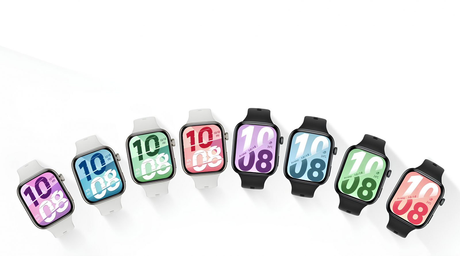 Умные часы с разноцветными циферблатами и ремешками на белом фоне.