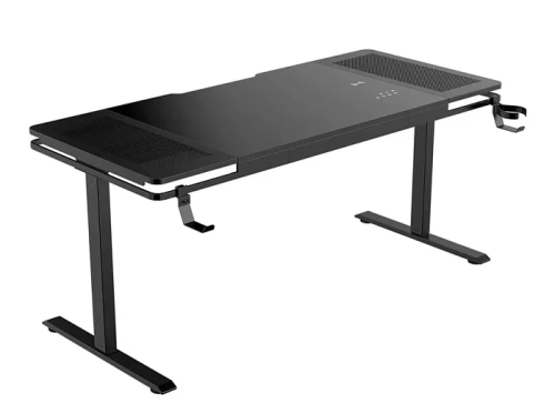 Современный черный игровой компьютерный стол с крючками для наушников и стакана.