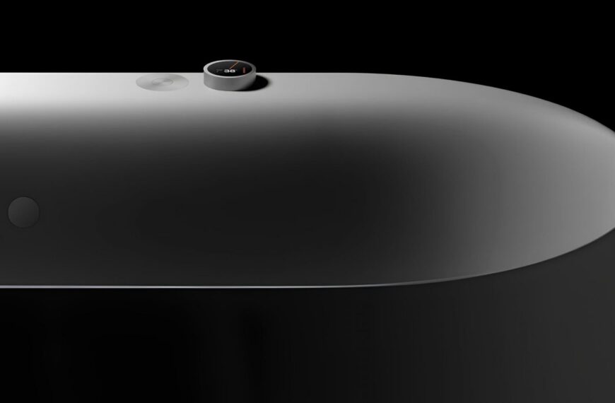 Современный дизайн ванны с технологичным терморегулятором на черном фоне.