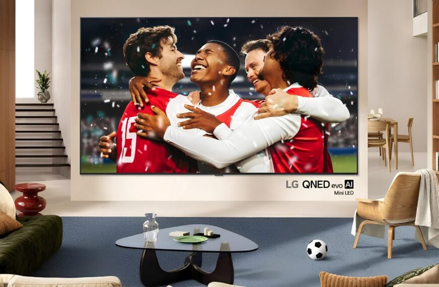 Большой телевизор LG в современной гостиной, показывающий футбольный матч.