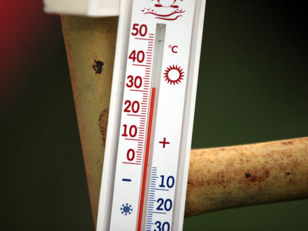 Уличный термометр показывает температуру около 23 градусов Цельсия.