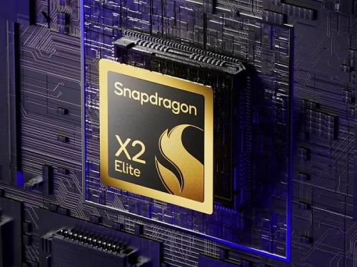 Процессор Snapdragon X2 Elite, золотая пластина на темной плате, технологии Qualcomm.