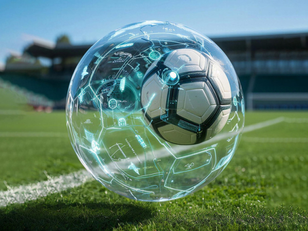 Футбольный мяч с цифровыми эффектами на поле; инновации в спорте.