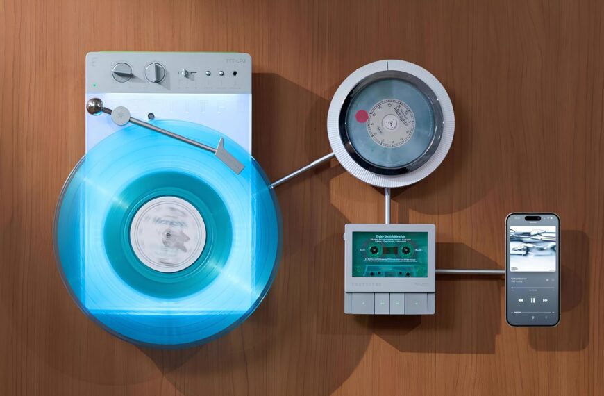 Виниловая пластинка, магнитная лента, кассета и смартфон на деревянном фоне.