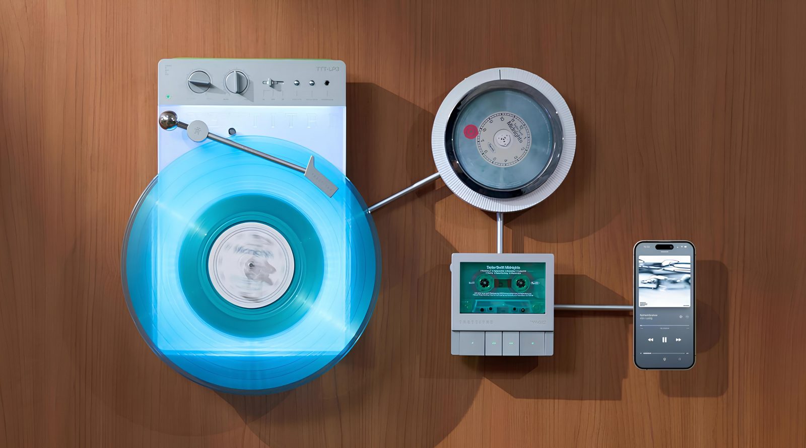 Виниловая пластинка, магнитная лента, кассета и смартфон на деревянном фоне.