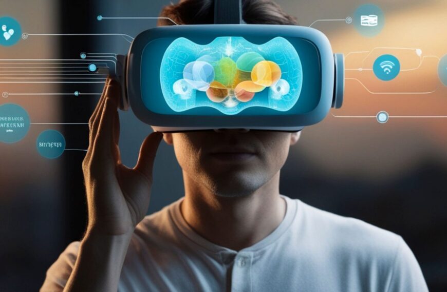 Человек с VR-гарнитурой изучает цветные модели мозга, технологии будущего.