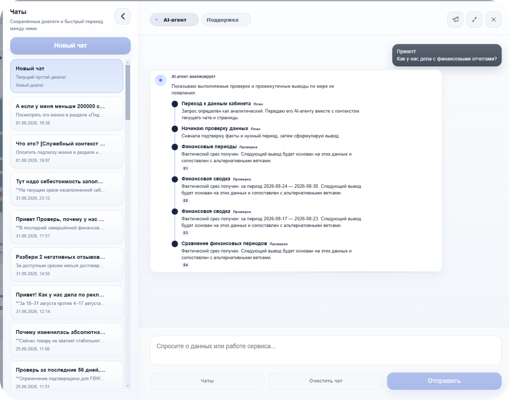 Промежуточные этапы анализа финансовых данных AI-агентом bublick