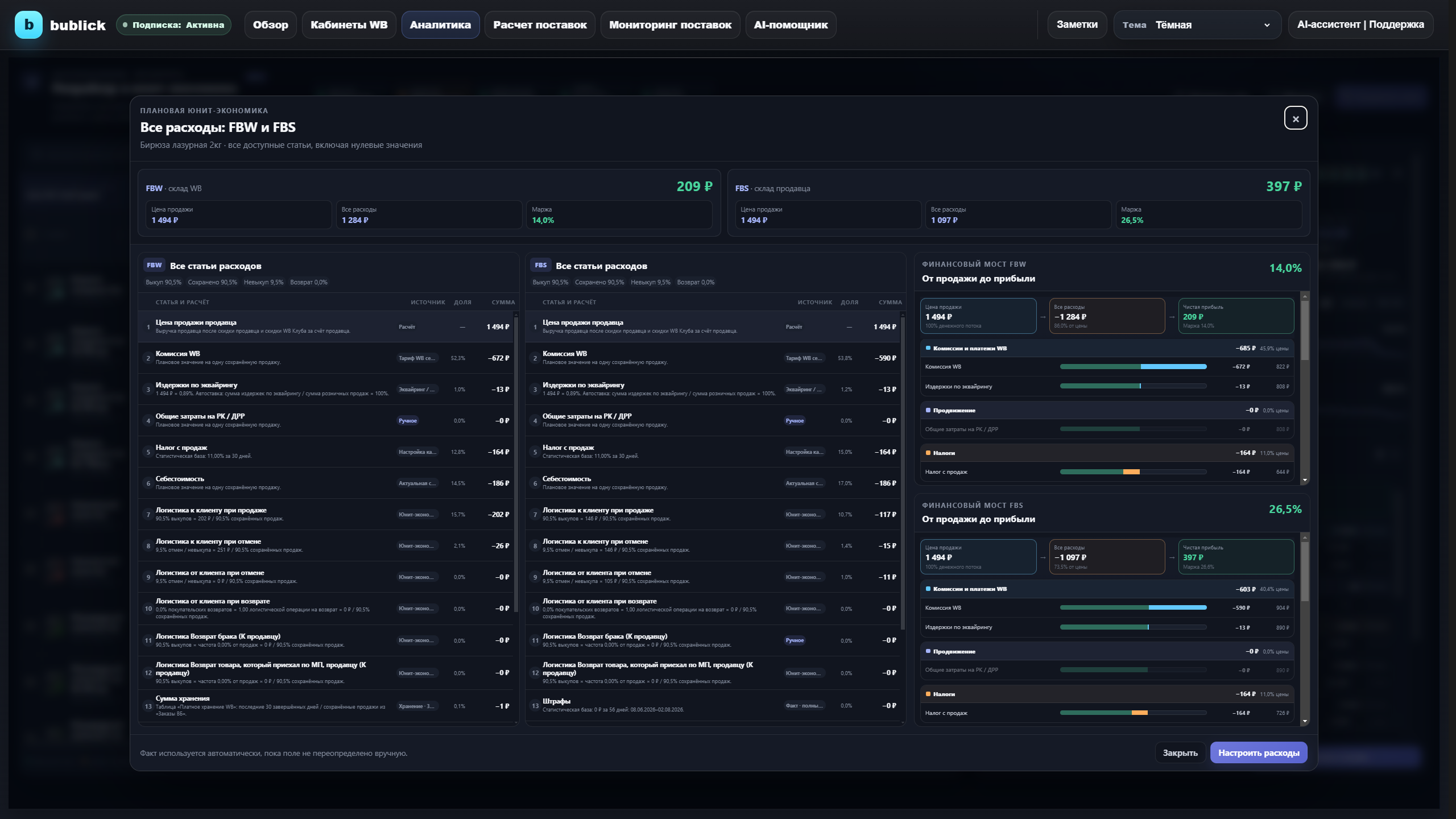 Статьи расходов товара Wildberries по моделям FBS и FBW в тёмной теме