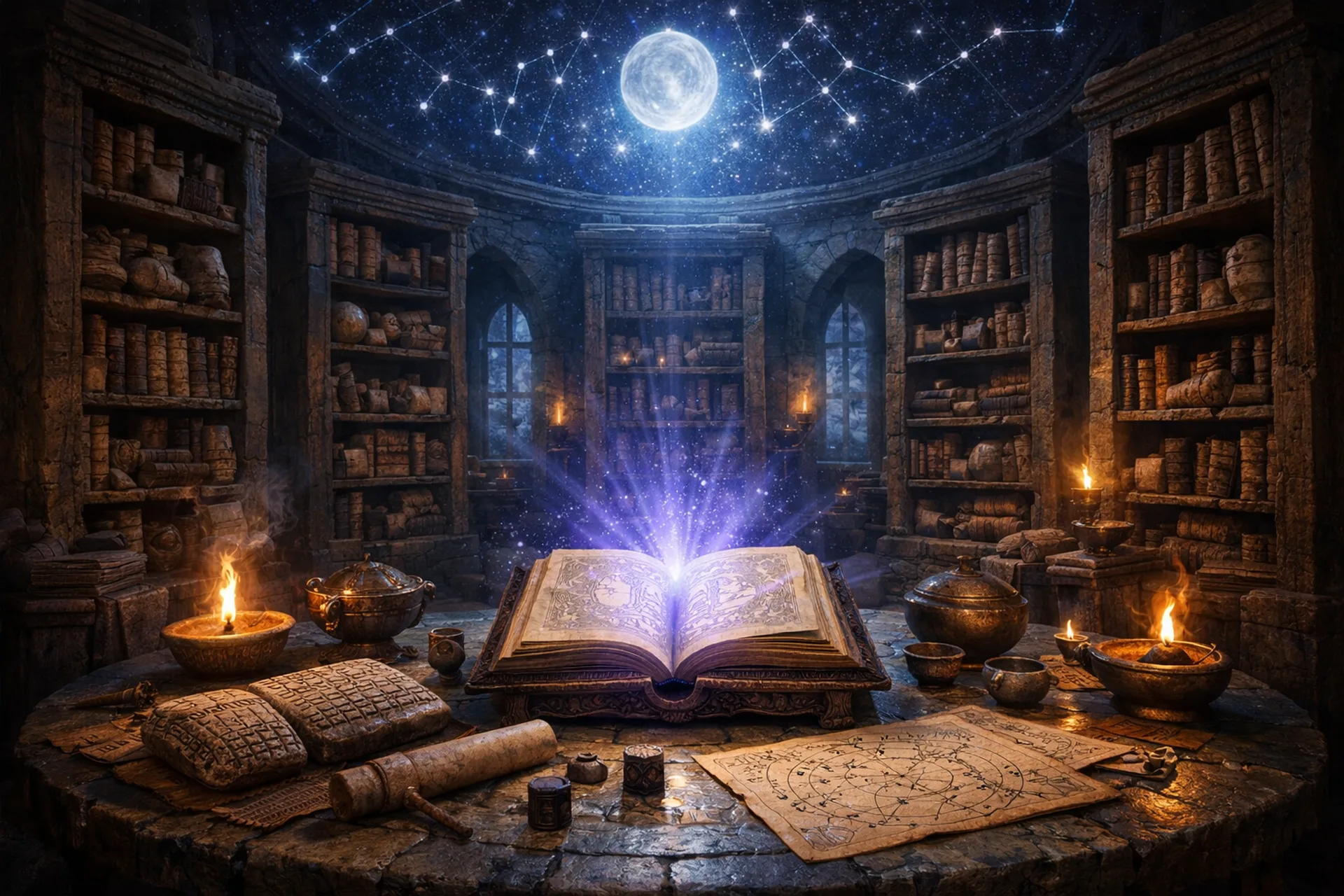 Древняя библиотека с семью книжными башнями и светящейся книгой в центре