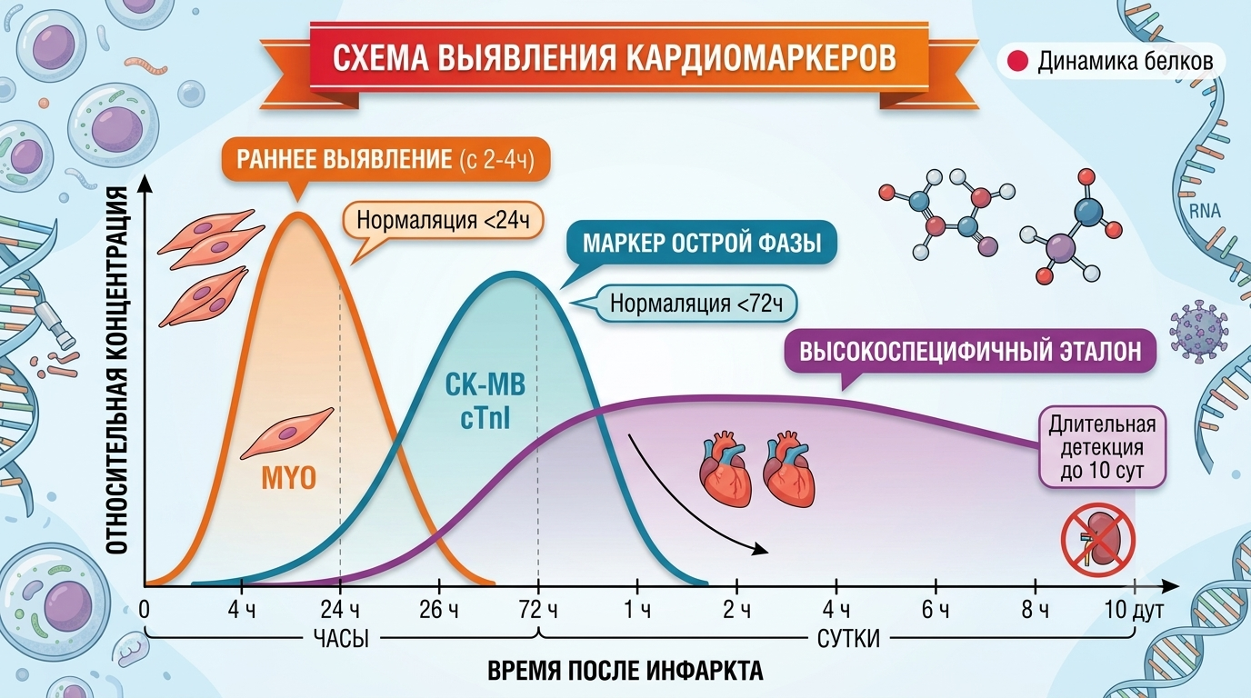 Схема и динамика выявления кардиомаркеров в крови