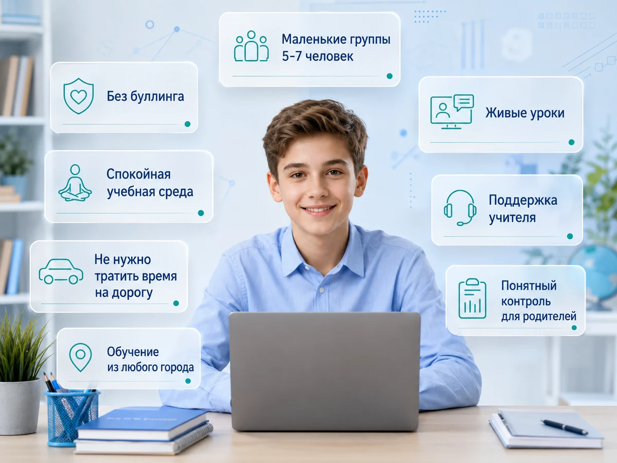 Онлайн-школа для 5-9 классов: обучающийся за ноутбуком, вокруг карточки с преимуществами - без буллинга, маленькие группы, живые уроки, поддержка учителя, родительский контроль, обучение из любого города