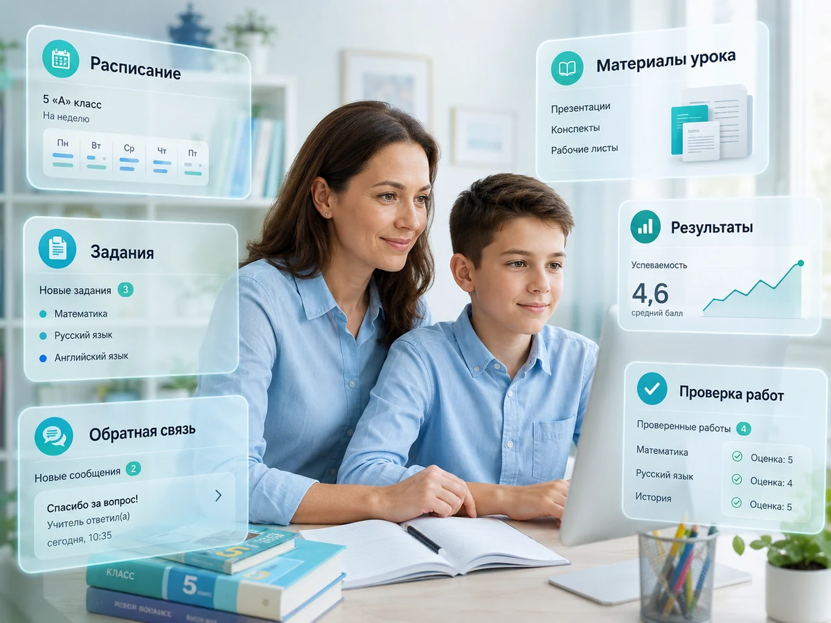 Родительский контроль обучения в 5 классе онлайн - мама и ребёнок смотрят задания, расписание, материалы и результаты в электронной среде школы