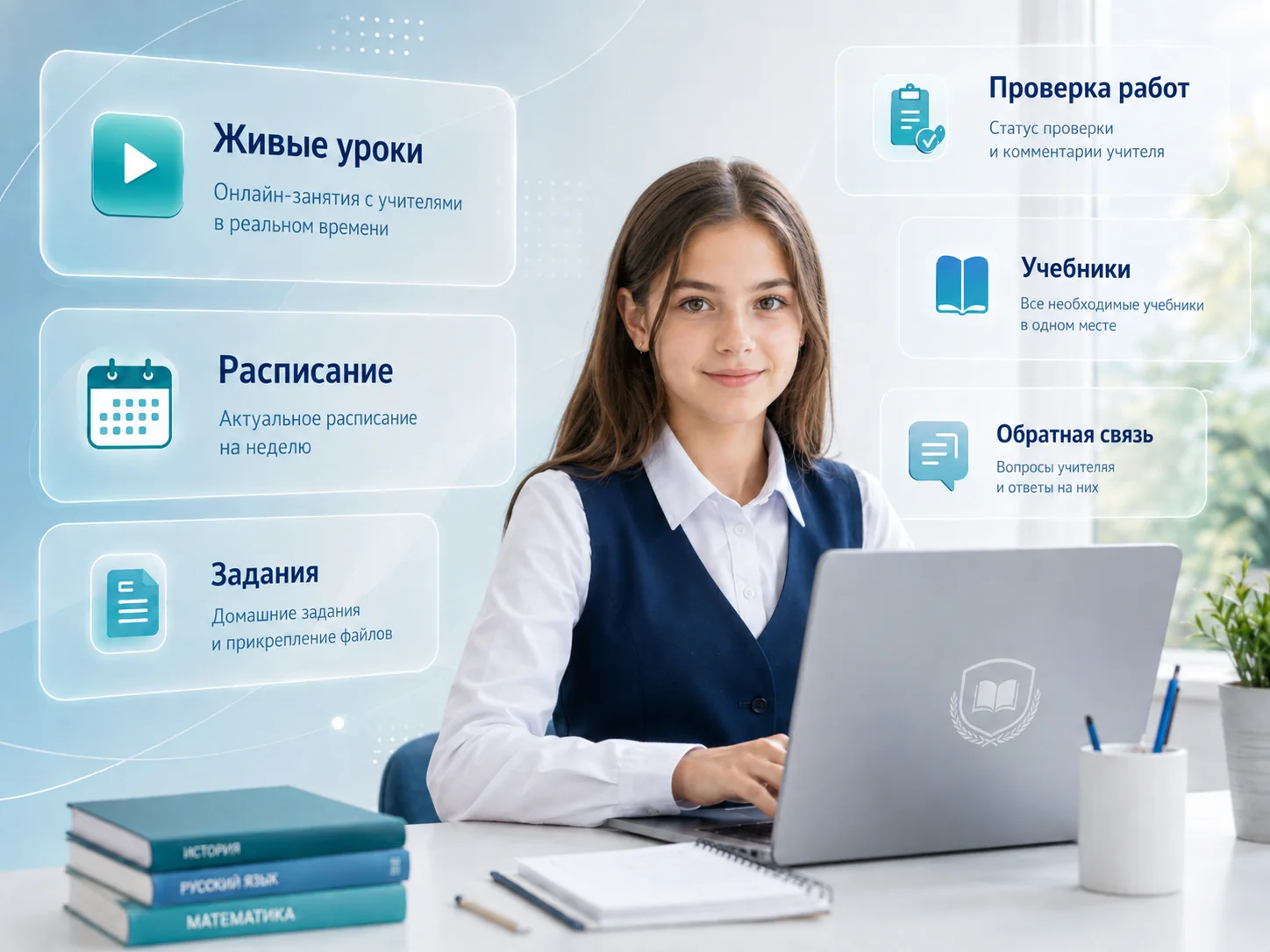 6 класс онлайн - школьница занимается за ноутбуком, рядом крупные полупрозрачные карточки: живые уроки, расписание, задания, проверка работ, учебники и обратная связь