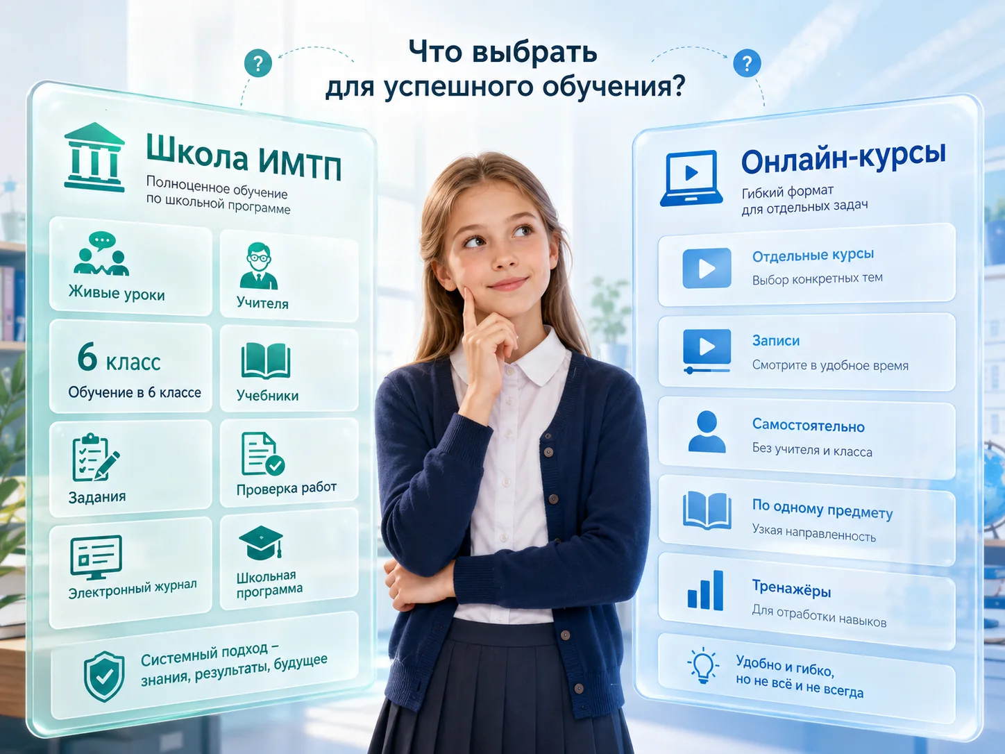 6 класс в лицензированной онлайн-школе или онлайн-курсы - шестиклассница выбирает между двумя прозрачными панелями: Школа ИМТП с живыми уроками, учителями, учебниками, заданиями, проверкой работ и школьной программой; онлайн-курсы с отдельными курсами, записями и самостоятельным обучением