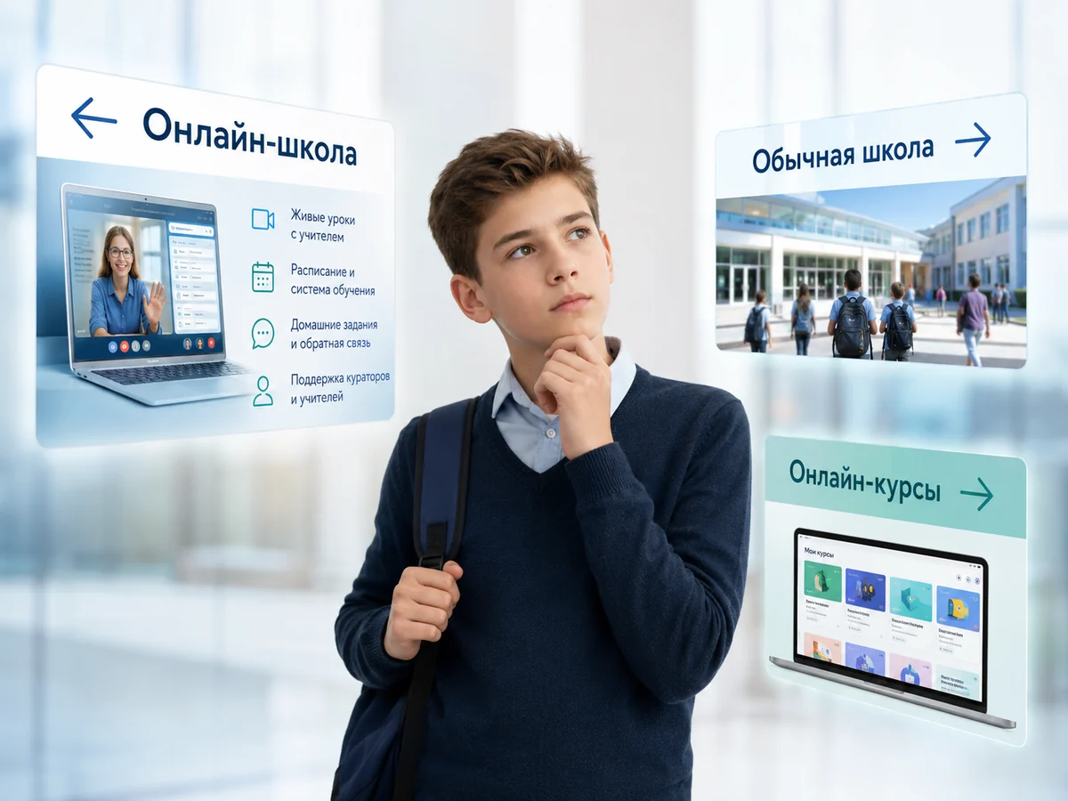 7 класс онлайн - школьник выбирает между онлайн-школой, обычной школой и онлайн-курсами, школьное обучение с живыми уроками, учителями, заданиями и проверкой работ